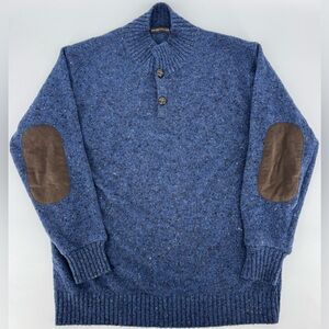 Peter Millar Blue Wool Blend Sweater with Brown Elbow Patches
